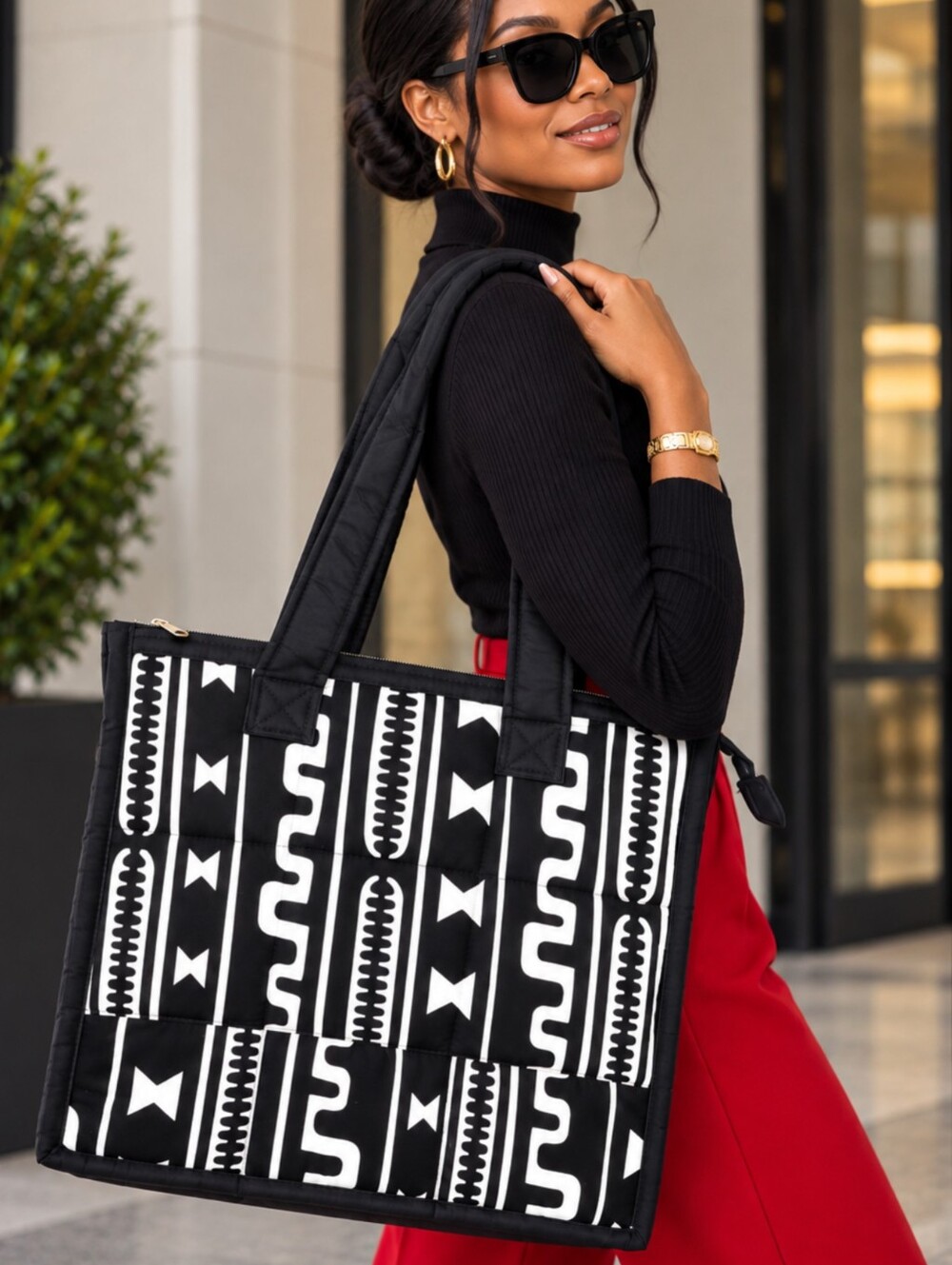 Black & White Quilted Tote Bag | Geometric Zip Tote | Padded Everyday Carry Bag